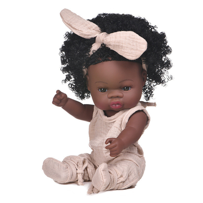 Niña de silicona de vinilo adorable muñeca negra afroamericana de 14 pulgadas para niños con logotipo personalizado