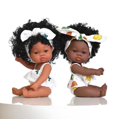 Niña de silicona de vinilo adorable muñeca negra afroamericana de 14 pulgadas para niños con logotipo personalizado